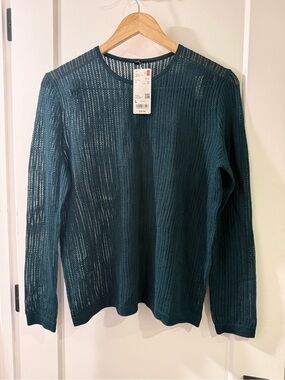Uniqlo Women's Open-Weave Crewneck Sweater in Deep Teal